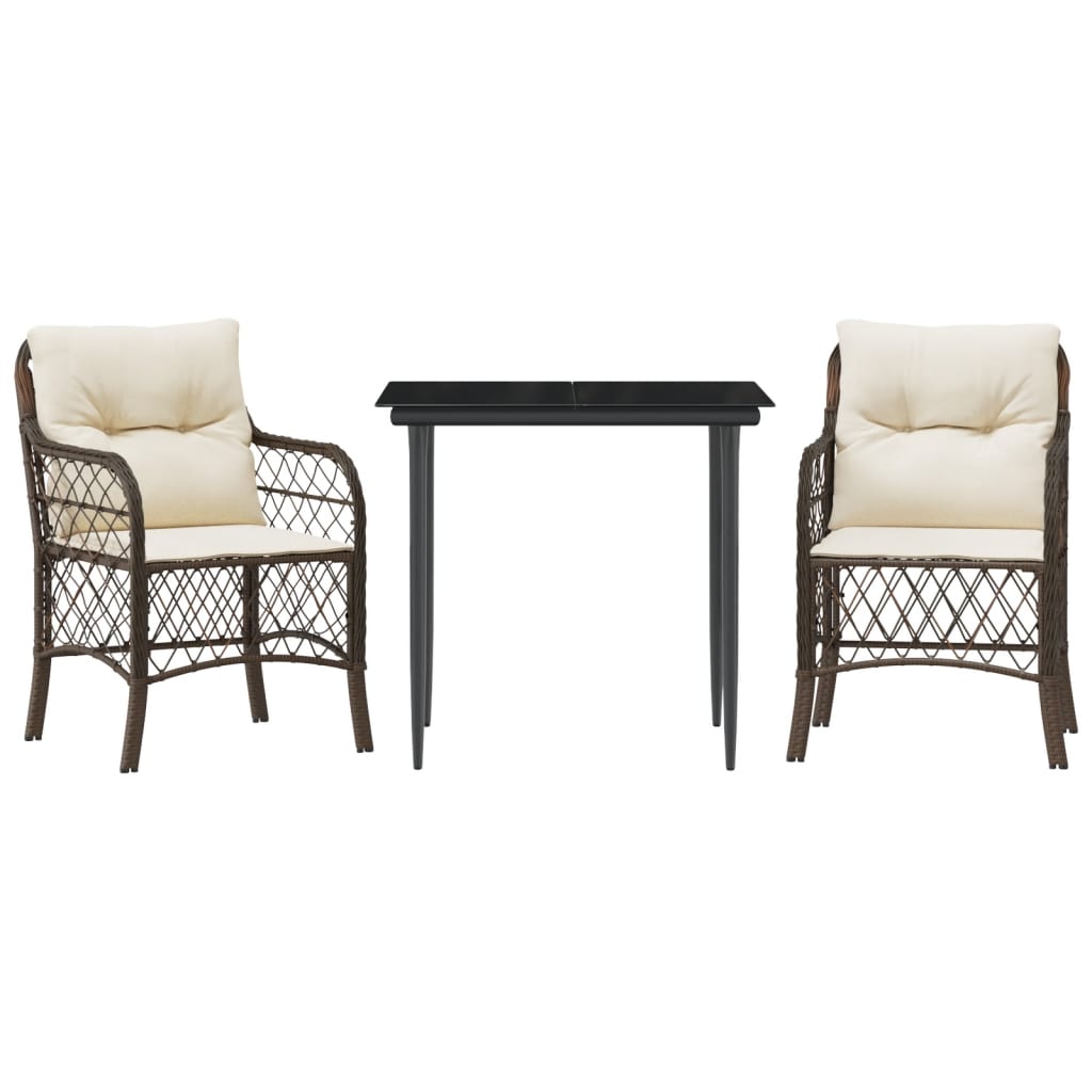 3-tlg. Bistro-Set mit Kissen Braun Poly Rattan