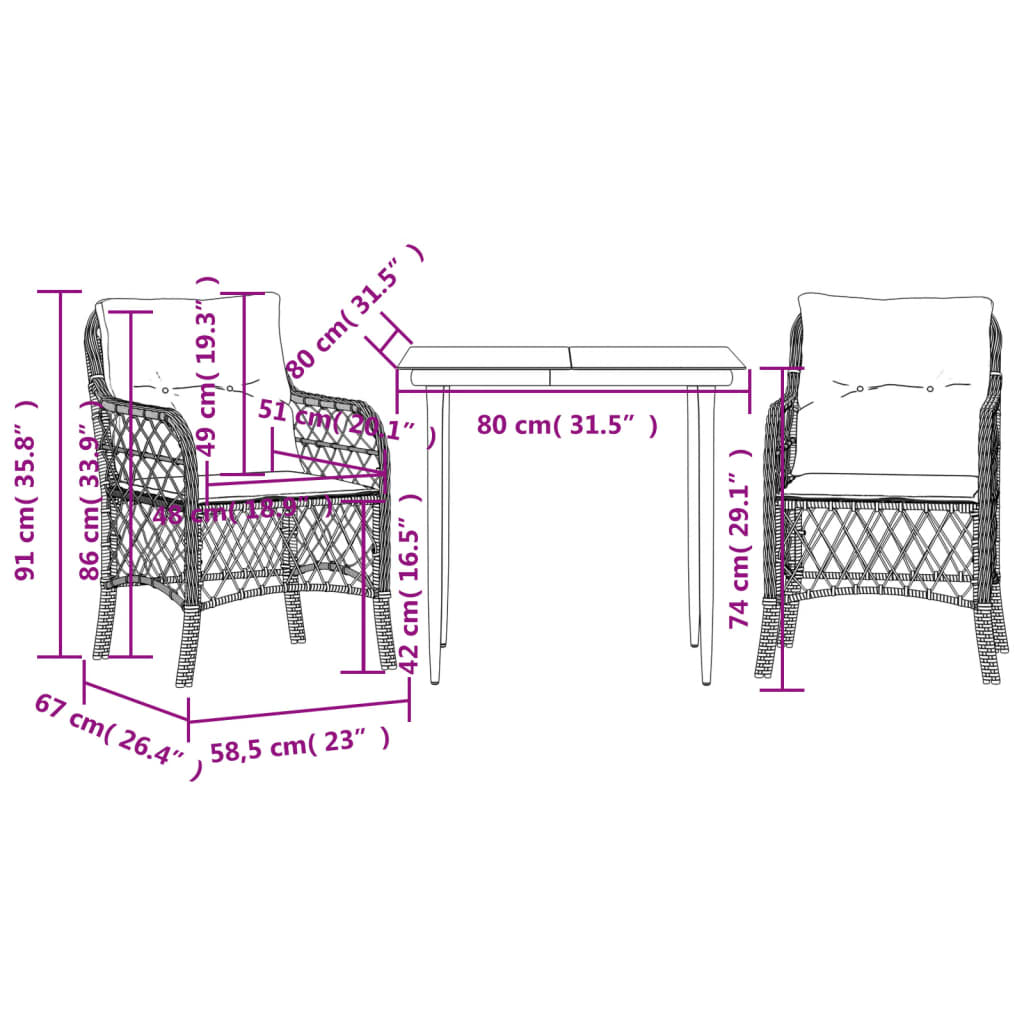 3-tlg. Bistro-Set mit Kissen Braun Poly Rattan