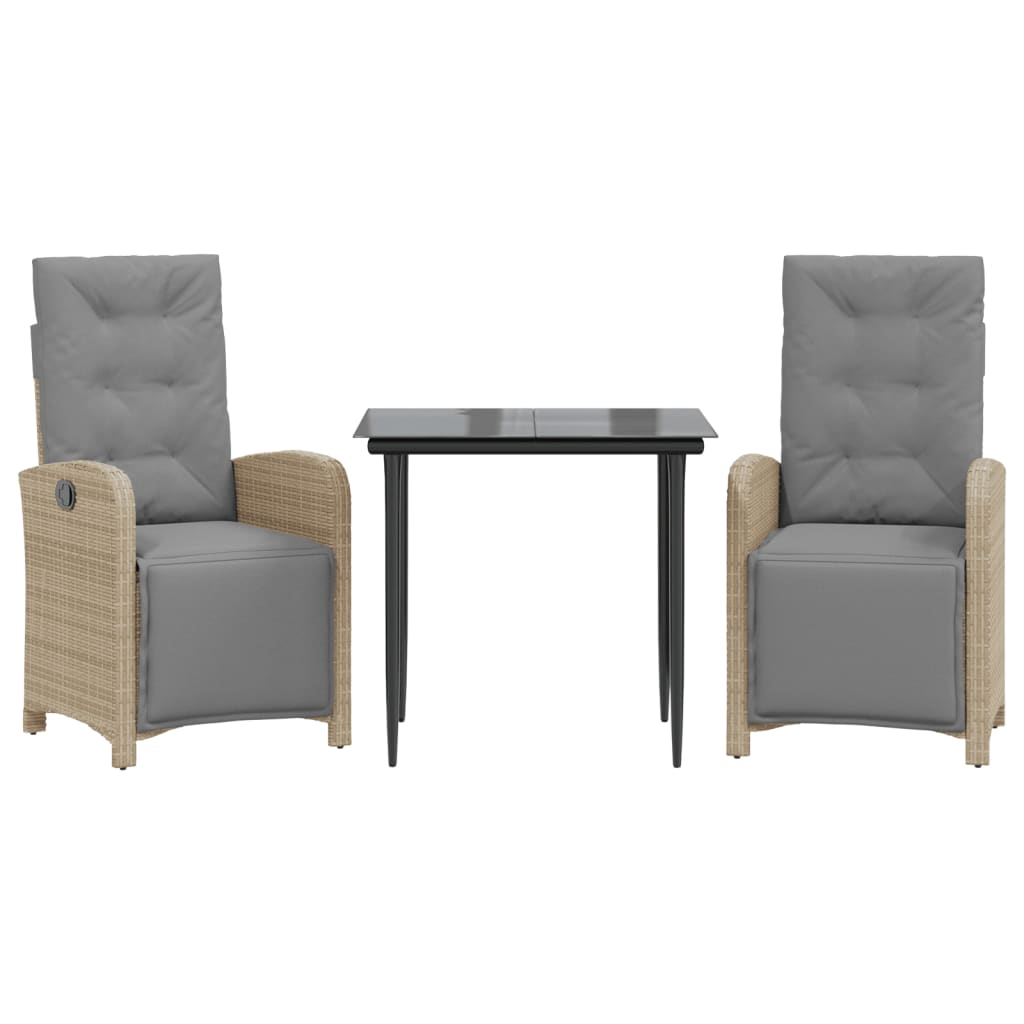 3-tlg. Bistro-Set mit Kissen Hellgrau Poly Rattan