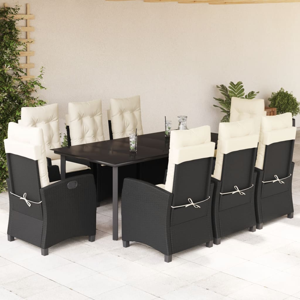 3-tlg. Garten-Essgruppe mit Kissen Schwarz Poly Rattan
