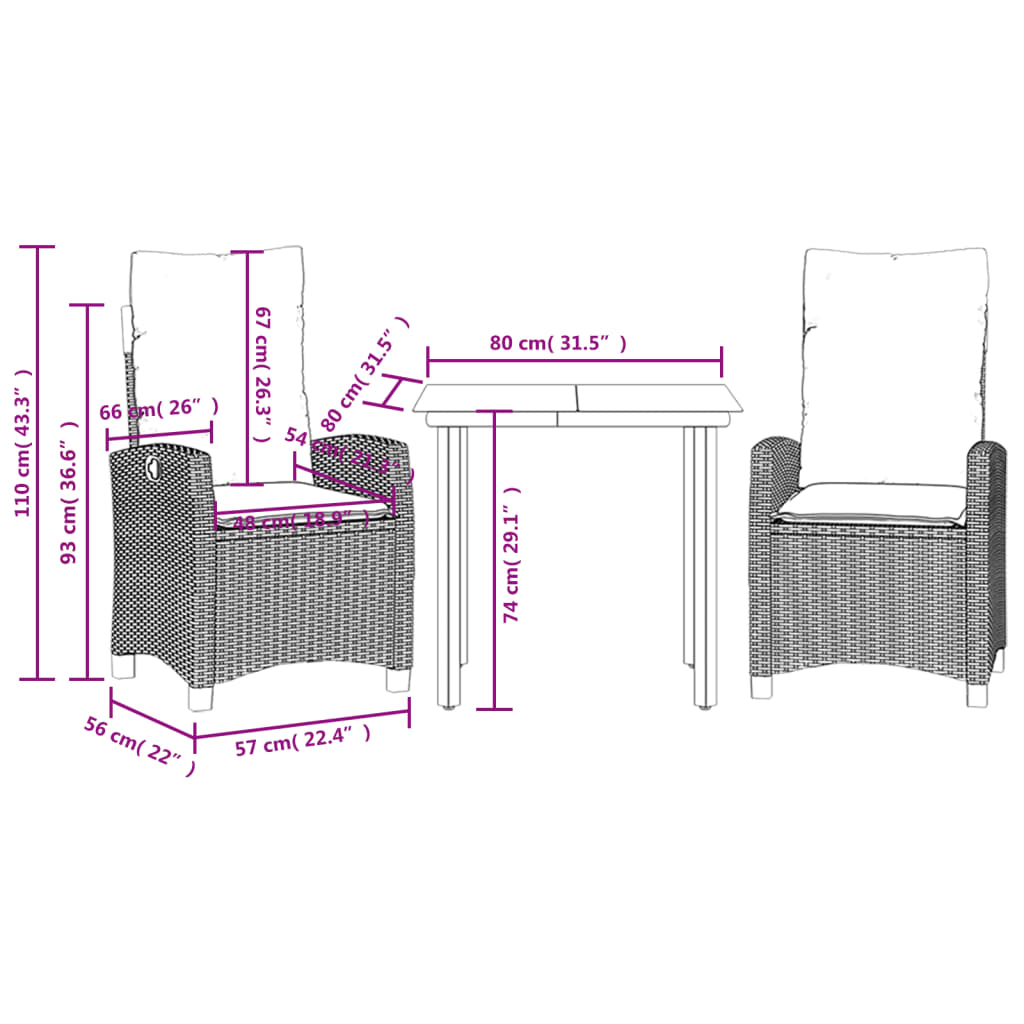 3-tlg. Garten-Essgruppe mit Kissen Schwarz Poly Rattan