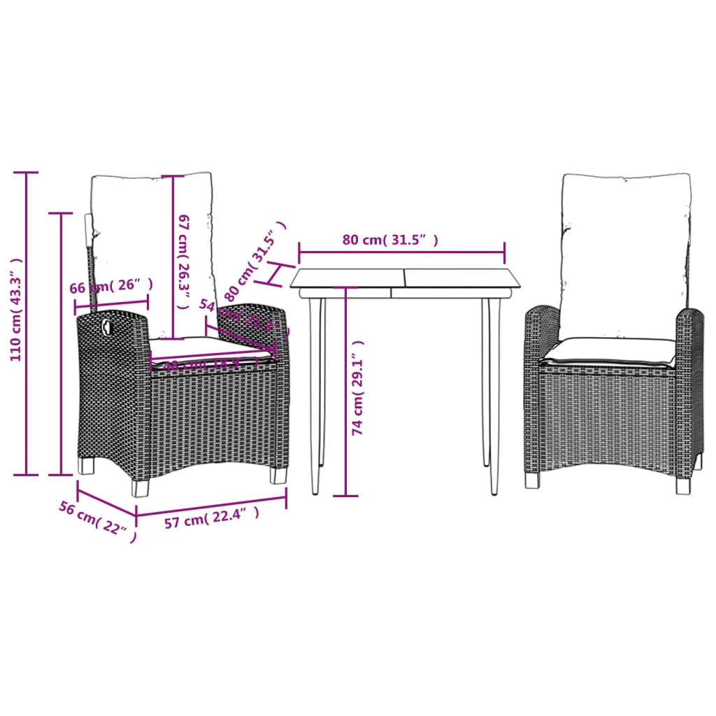 3-tlg. Garten-Essgruppe mit Kissen Grau Poly Rattan