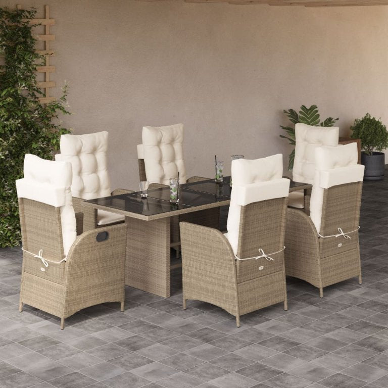 7-tlg. Garten-Essgruppe mit Kissen Schwarz Poly Rattan
