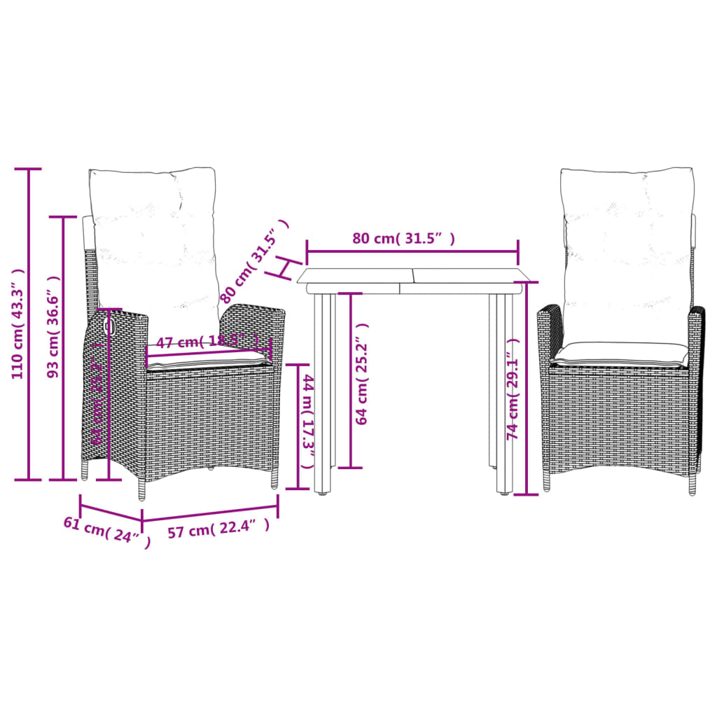 3-tlg. Garten-Essgruppe mit Kissen Grau Poly Rattan