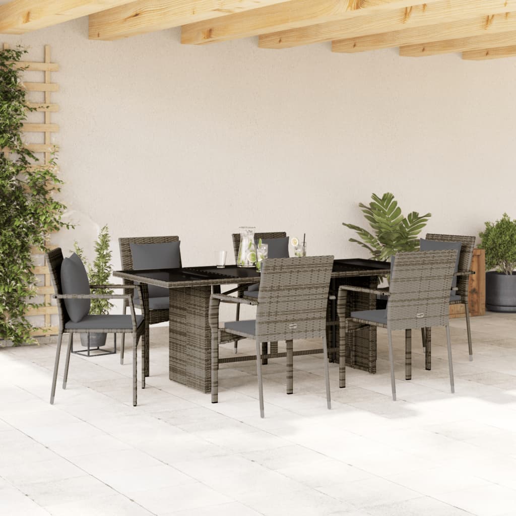 7-tlg. Garten-Essgruppe mit Kissen Schwarz Poly Rattan