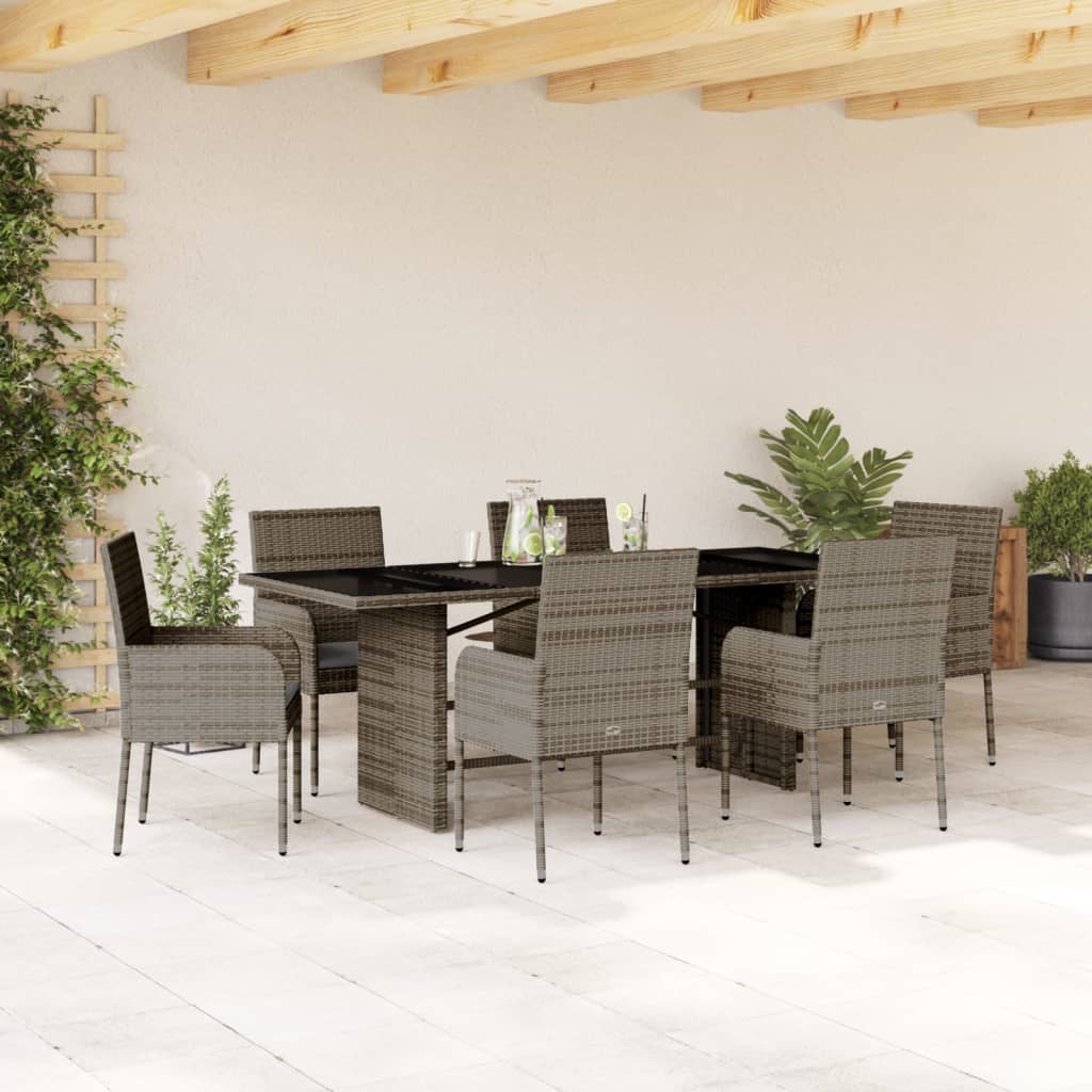 7-tlg. Garten-Essgruppe mit Kissen Schwarz Poly Rattan