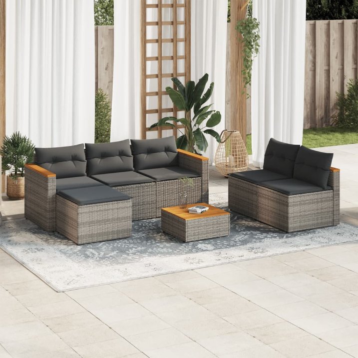 5tlg. Garten-Sofagarnitur mit Kissen Schwarz Poly Rattan Akazie