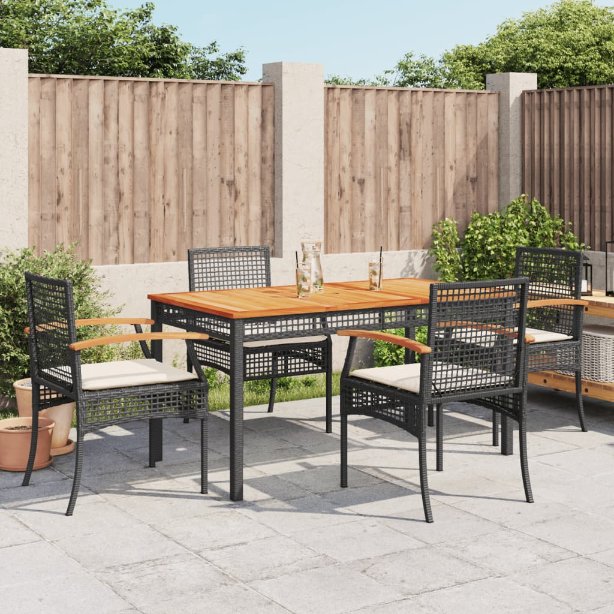 3-tlg. Garten-Essgruppe mit Kissen Schwarz Poly Rattan