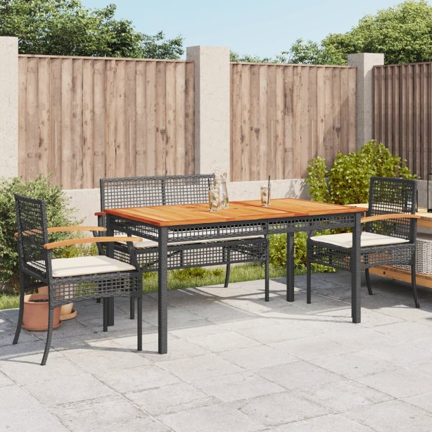 3-tlg. Garten-Essgruppe mit Kissen Schwarz Poly Rattan