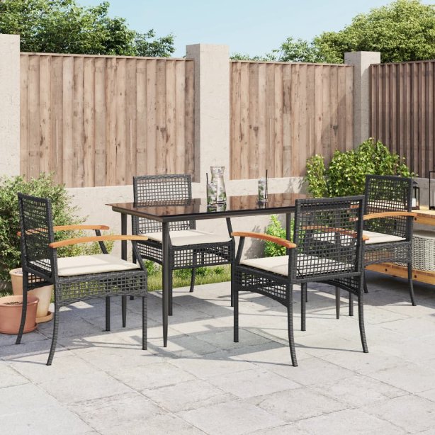 3-tlg. Garten-Essgruppe mit Kissen Schwarz Poly Rattan