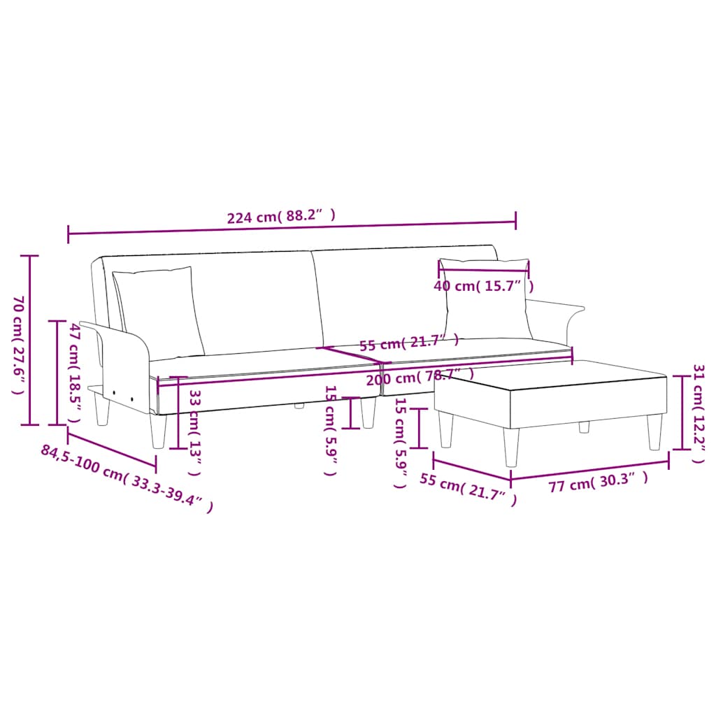 vidaXL Schlafsofa 2-Sitzer mit Kissen und Fußhocker Hellgrau Samt
