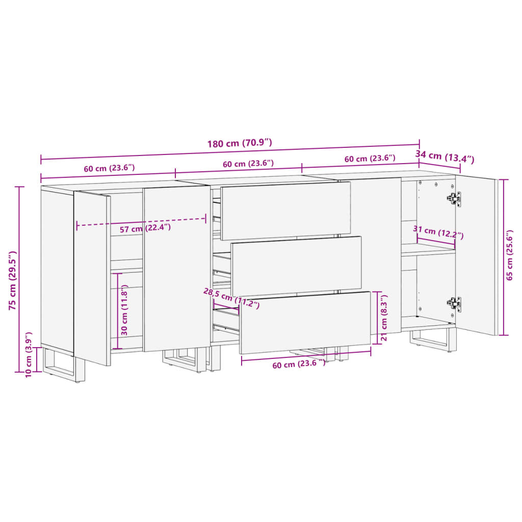 vidaXL Sideboard 3 Stk. 60x34x75 cm Raues Massivholz Mango