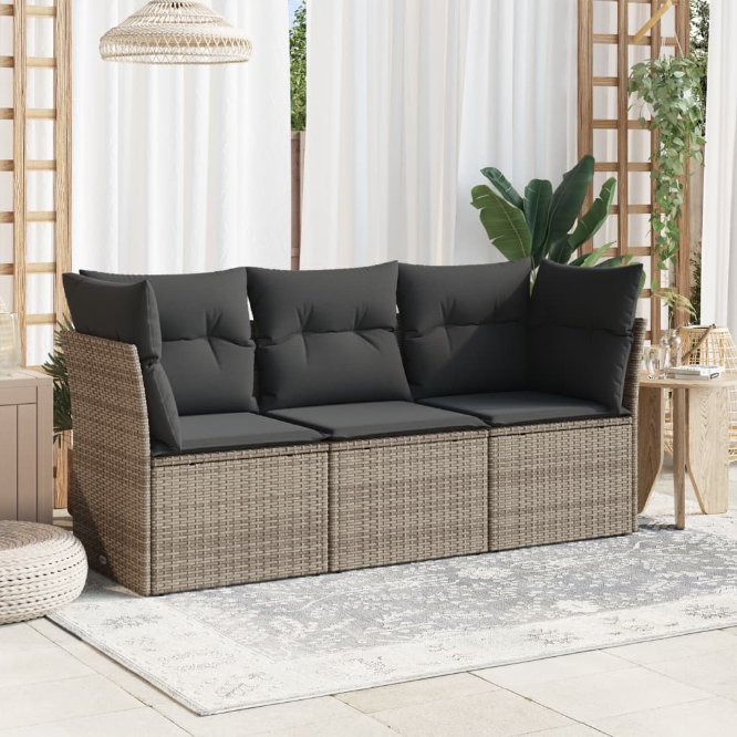 3-tlg. Garten-Sofagarnitur mit Kissen Schwarz Poly Rattan