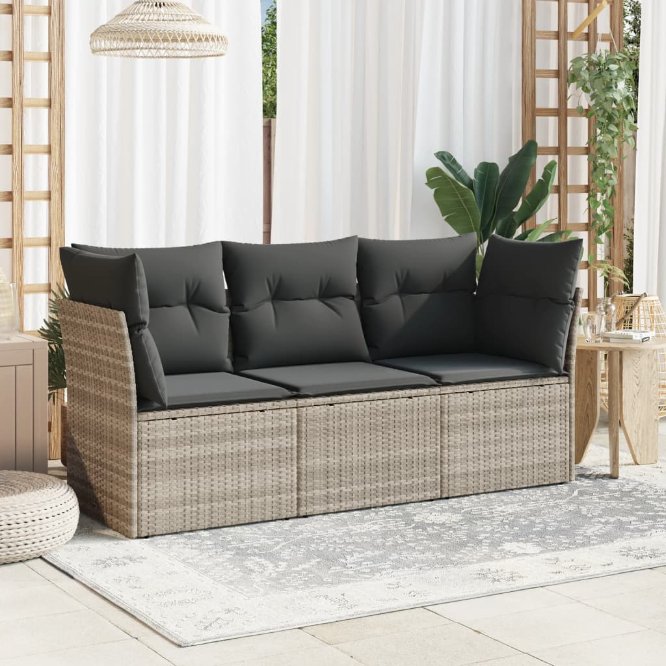 3-tlg. Garten-Sofagarnitur mit Kissen Schwarz Poly Rattan