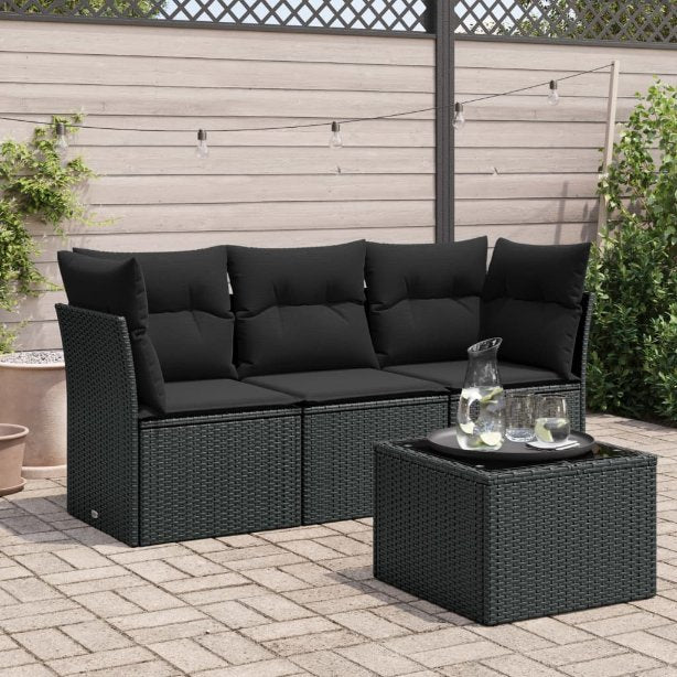 3-tlg. Garten-Sofagarnitur mit Kissen Schwarz Poly Rattan
