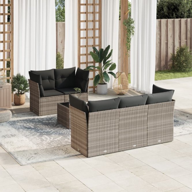 6-tlg. Garten-Sofagarnitur mit Kissen Schwarz Poly Rattan