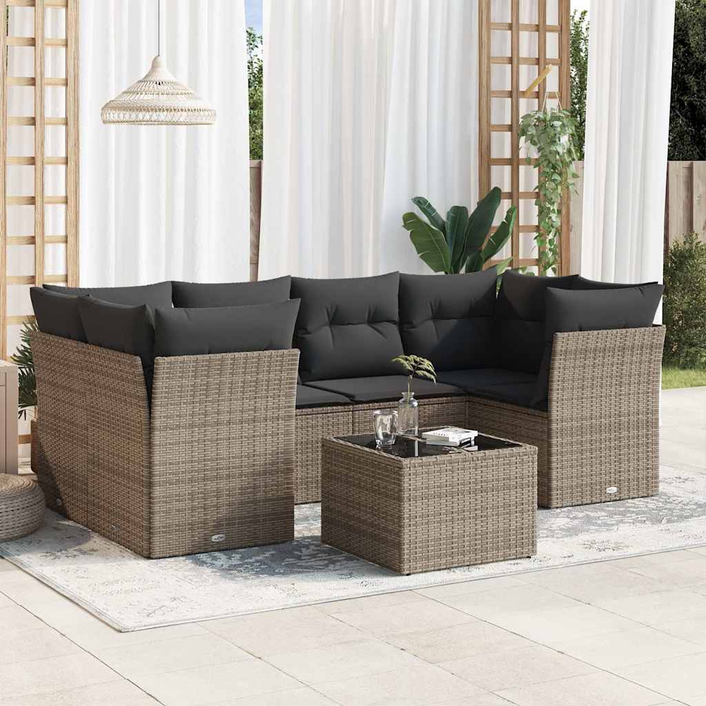 7-tlg. Garten-Sofagarnitur mit Kissen Schwarz Poly Rattan