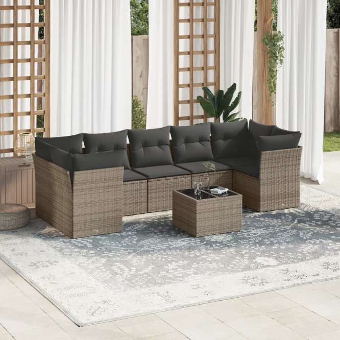 8-tlg. Garten-Sofagarnitur mit Kissen Schwarz Poly Rattan