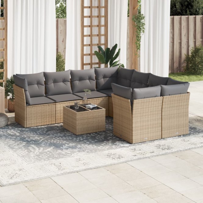 9-tlg. Garten-Sofagarnitur mit Kissen Schwarz Poly Rattan