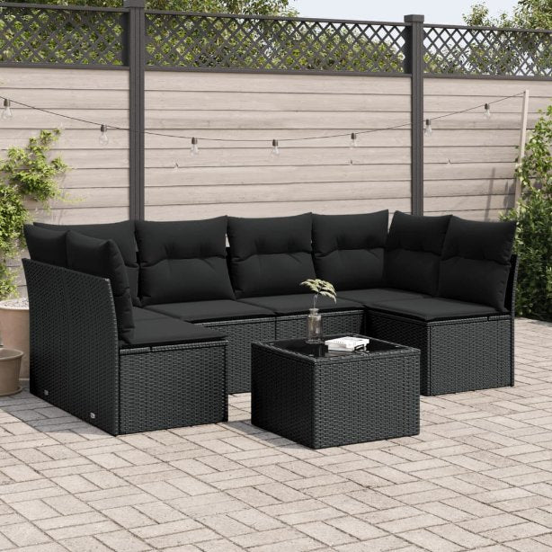6-tlg. Garten-Sofagarnitur mit Kissen Schwarz Poly Rattan
