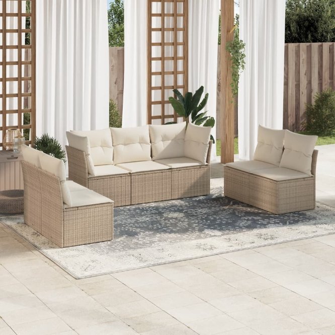 7-tlg. Garten-Sofagarnitur mit Kissen Schwarz Poly Rattan