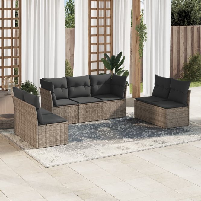 7-tlg. Garten-Sofagarnitur mit Kissen Schwarz Poly Rattan