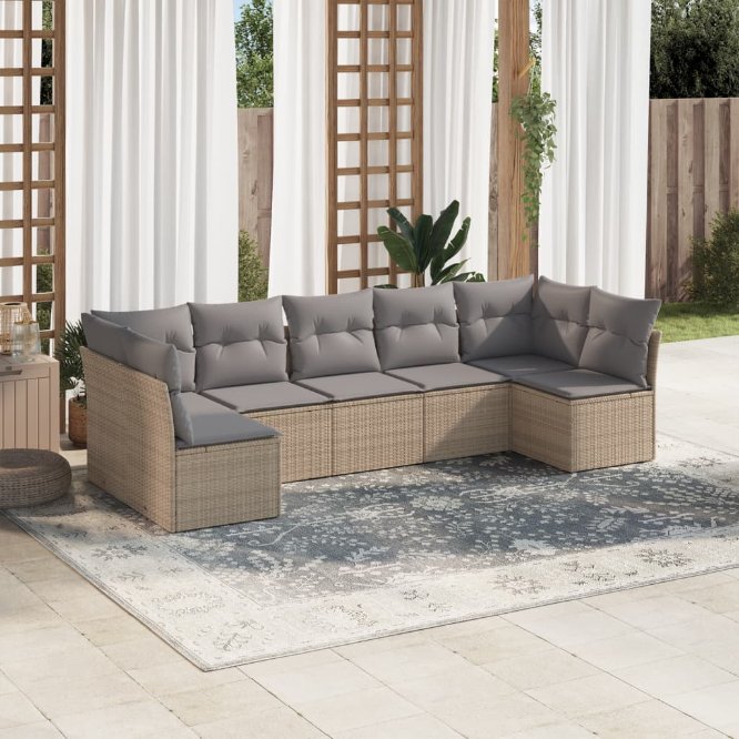 7-tlg. Garten-Sofagarnitur mit Kissen Schwarz Poly Rattan