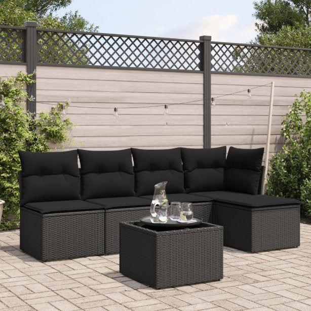 5-tlg. Garten-Sofagarnitur mit Kissen Schwarz Poly Rattan