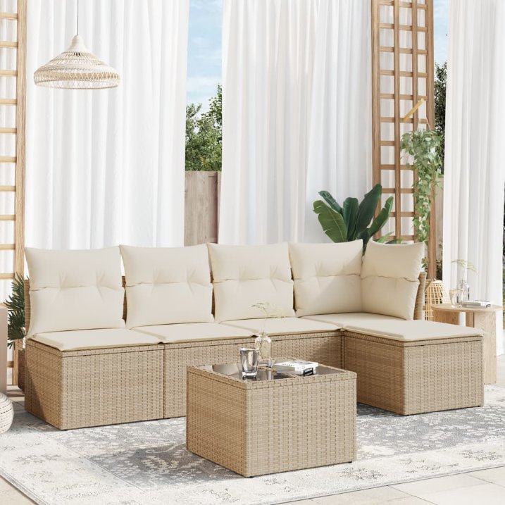 5-tlg. Garten-Sofagarnitur mit Kissen Schwarz Poly Rattan
