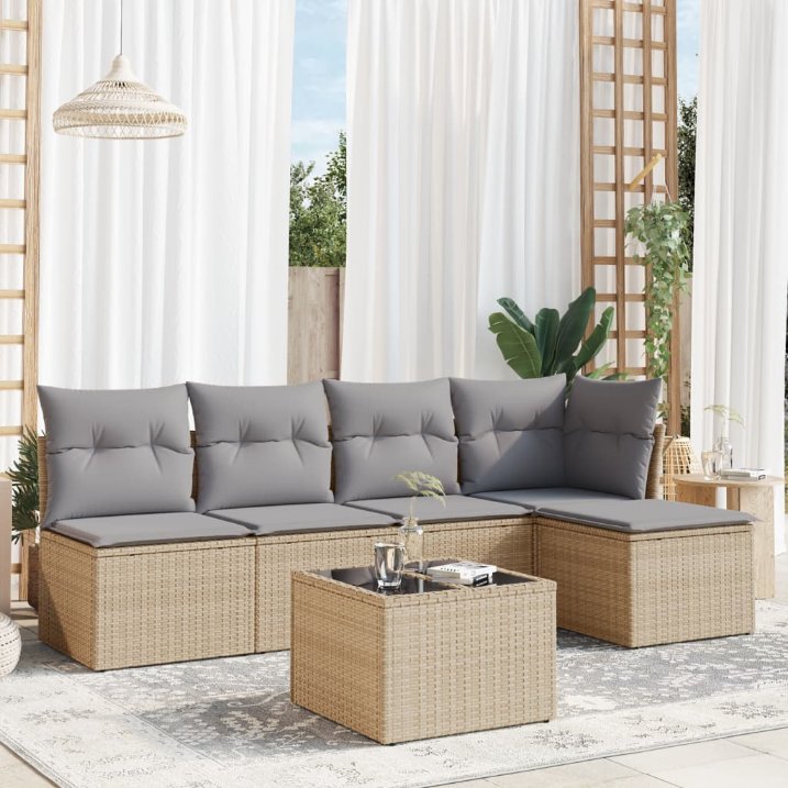 5-tlg. Garten-Sofagarnitur mit Kissen Schwarz Poly Rattan