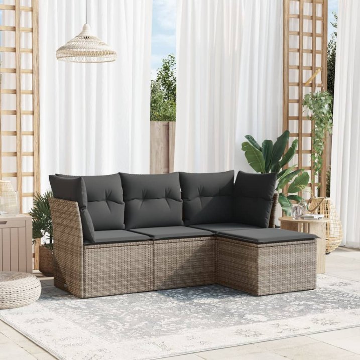 4-tlg. Garten-Sofagarnitur mit Kissen Schwarz Poly Rattan