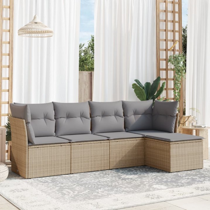 5-tlg. Garten-Sofagarnitur mit Kissen Schwarz Poly Rattan