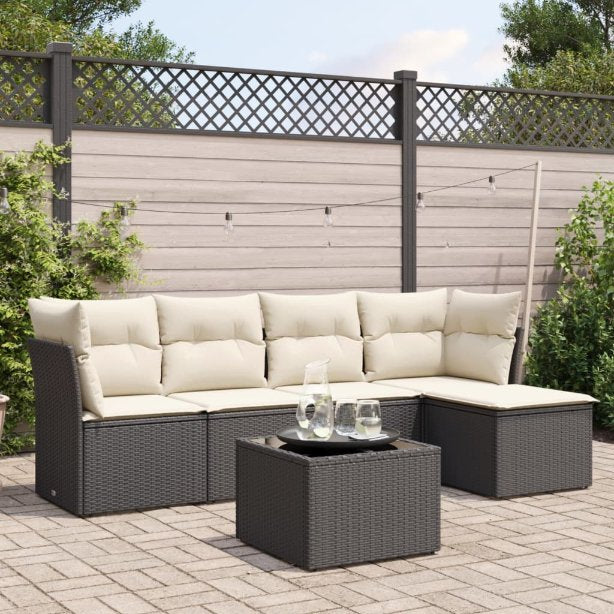 5-tlg. Garten-Sofagarnitur mit Kissen Schwarz Poly Rattan