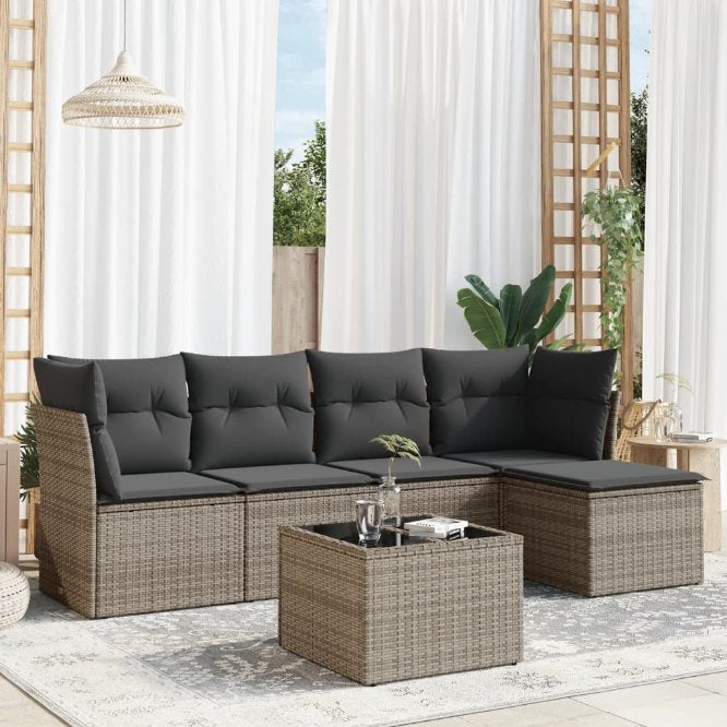 5-tlg. Garten-Sofagarnitur mit Kissen Schwarz Poly Rattan