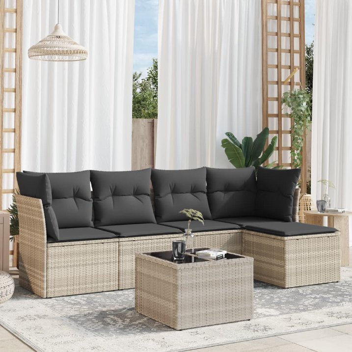 5-tlg. Garten-Sofagarnitur mit Kissen Schwarz Poly Rattan