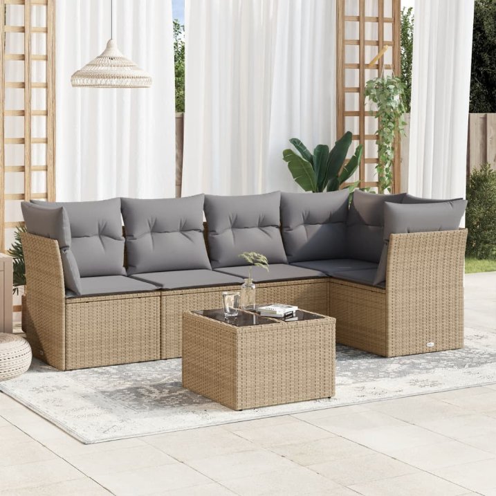 5-tlg. Garten-Sofagarnitur mit Kissen Schwarz Poly Rattan