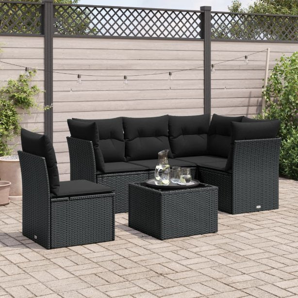 5-tlg. Garten-Sofagarnitur mit Kissen Schwarz Poly Rattan