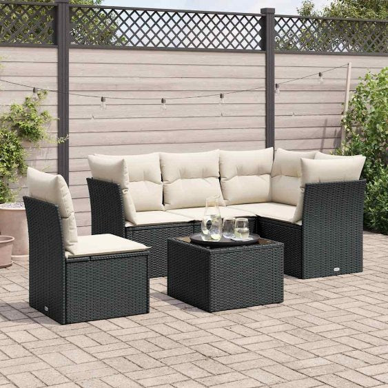 5-tlg. Garten-Sofagarnitur mit Kissen Schwarz Poly Rattan