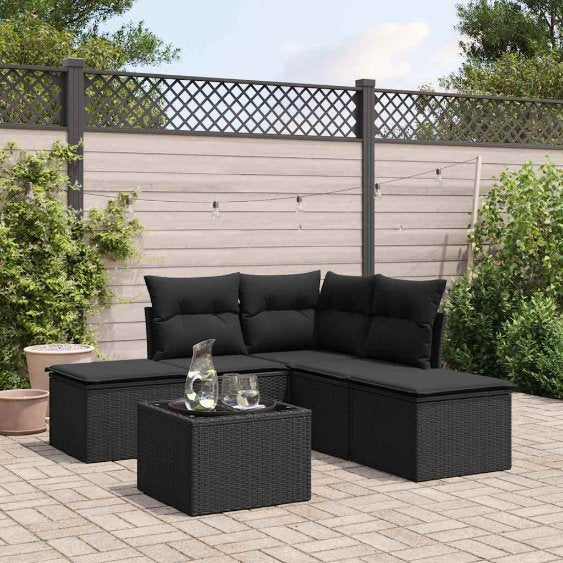 5-tlg. Garten-Sofagarnitur mit Kissen Schwarz Poly Rattan