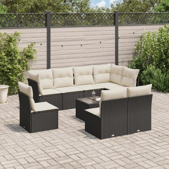 8-tlg. Garten-Sofagarnitur mit Kissen Schwarz Poly Rattan