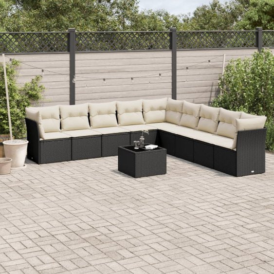 9-tlg. Garten-Sofagarnitur mit Kissen Schwarz Poly Rattan