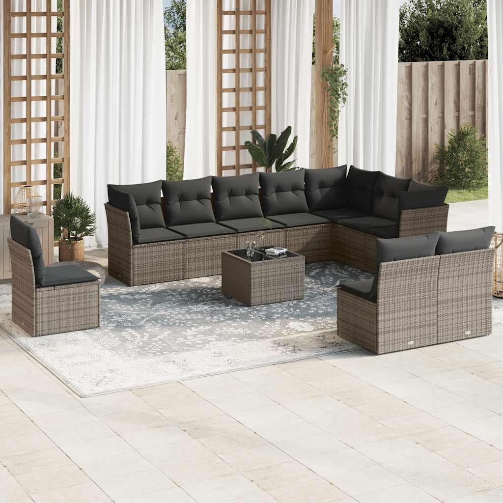 vidaXL 10-tlg. Garten-Sofagarnitur mit Kissen Schwarz Poly Rattan