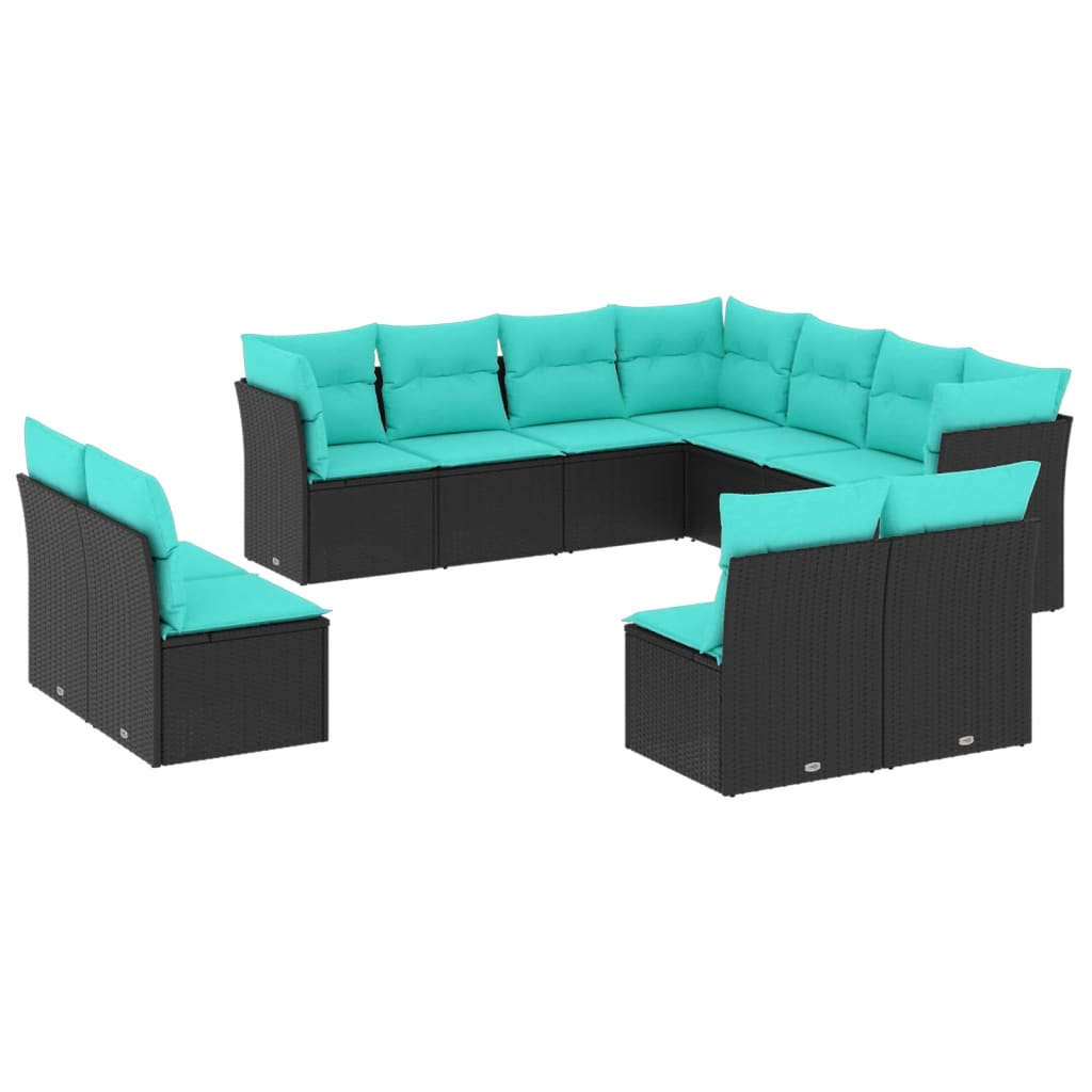 vidaXL 11-teiliges Gartensofa-Set mit Kissen, schwarzes Polyrattan