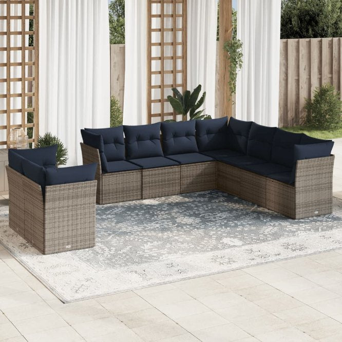 9-teiliges Gartensofa-Set mit Kissen, schwarzes Polyrattan