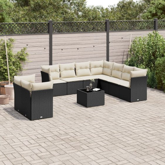 9-tlg. Garten-Sofagarnitur mit Kissen Schwarz Poly Rattan