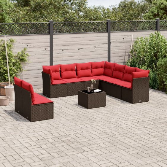 9-teiliges Gartensofa-Set mit Kissen, schwarzes Polyrattan
