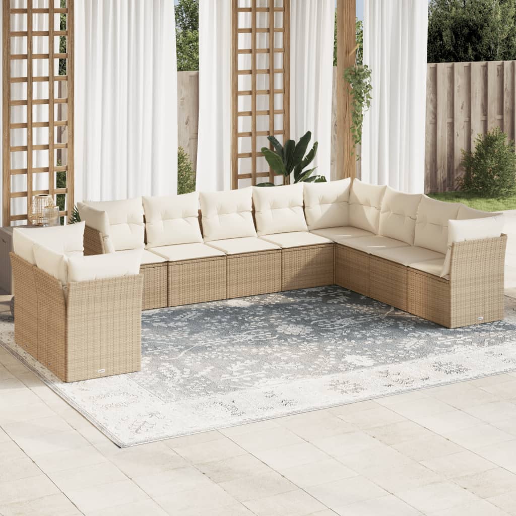 vidaXL 10-tlg. Garten-Sofagarnitur mit Kissen Schwarz Poly Rattan