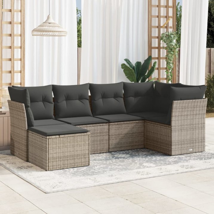 6-tlg. Garten-Sofagarnitur mit Kissen Schwarz Poly Rattan