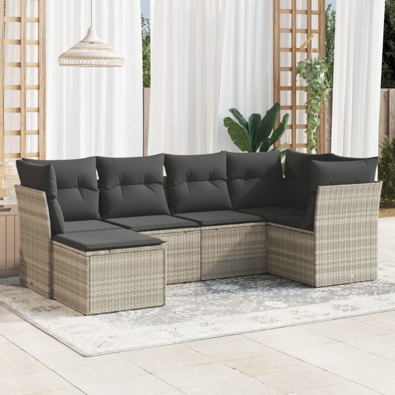 6-tlg. Garten-Sofagarnitur mit Kissen Schwarz Poly Rattan
