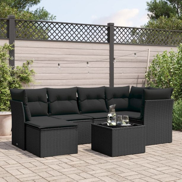 6-tlg. Garten-Sofagarnitur mit Kissen Schwarz Poly Rattan
